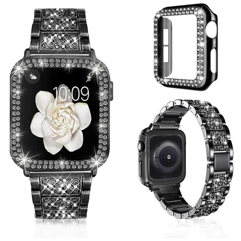 Luxury Lab created Diamond Steel Strap and Bling Protective Case for Apple Watch - Wristwatchstraps.co