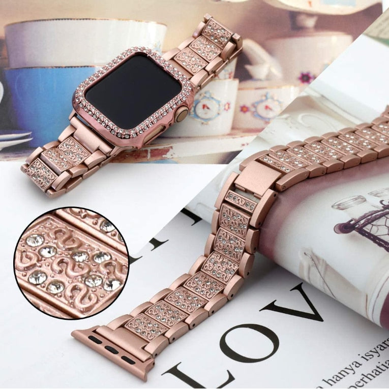 Luxury Lab created Diamond Steel Strap and Bling Protective Case for Apple Watch