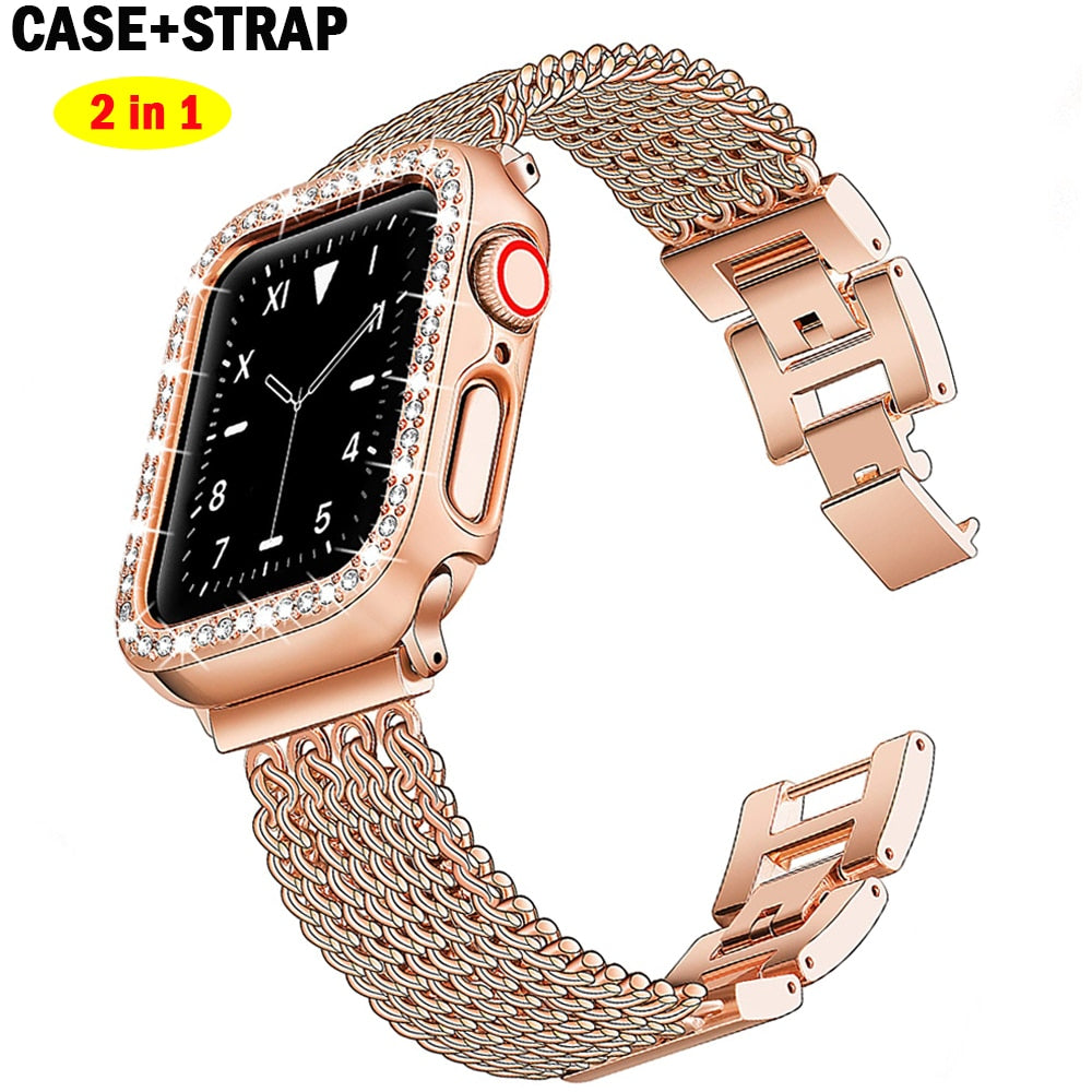 Diamond Case + Luxury Stainless Steel Strap For Apple Watch - Wristwatchstraps.co