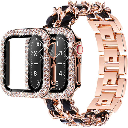 Luxury Cowboy Chain with Leather + Bling Sparkle Protective Case Screen Protector for Apple Watch - Wristwatchstraps.co