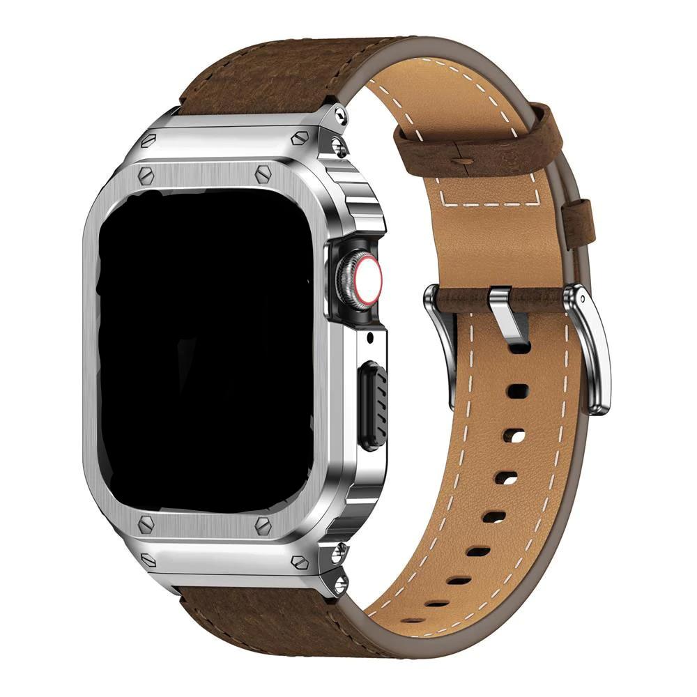 Stainless Steel Metal Case+Genuine Leather Strap For Apple Watch - Wristwatchstraps.co