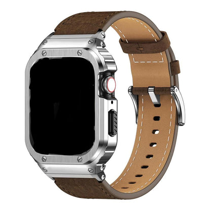 Stainless Steel Metal Case+Genuine Leather Strap For Apple Watch - Wristwatchstraps.co
